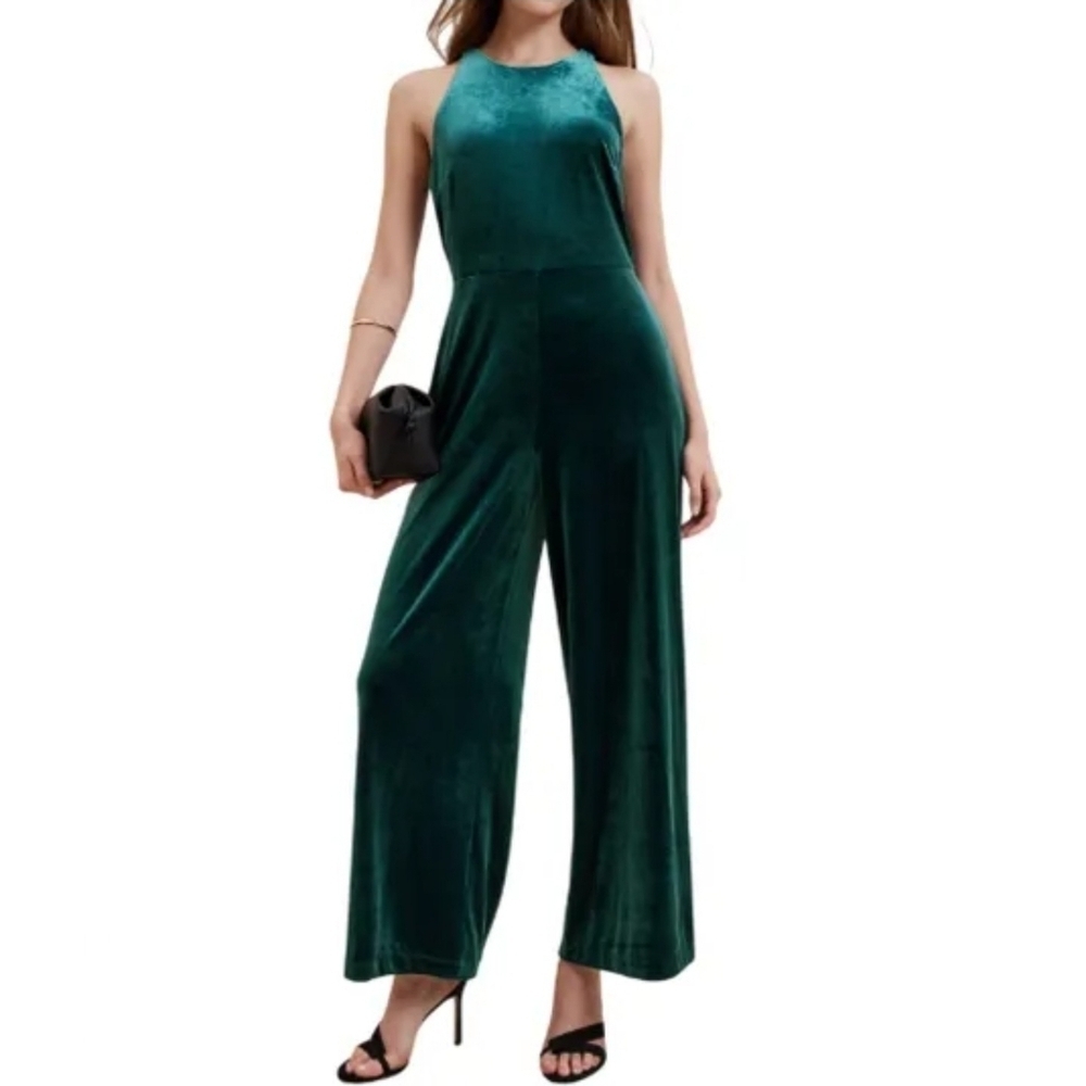Banana Republic Women's Wide-Leg Sleeveless Velvet Knit Jumpsuit in Teal Shadow